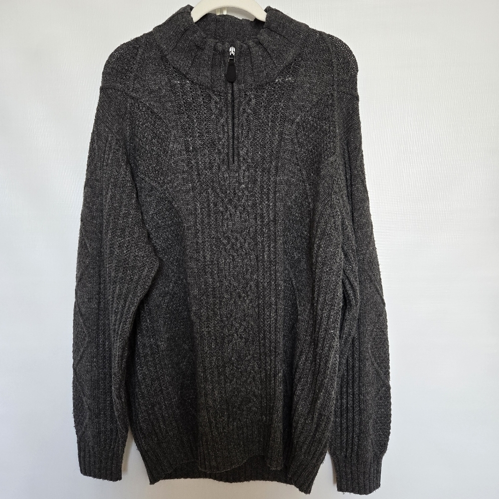 JOS. A. BANK SWEATER MENS LAMBS WOOL CABLE KNIT DARK GRAY 1/4 ZIP (XL)